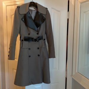 Wool trench coat with dual-buckled belt, leather trims and black horn buttons